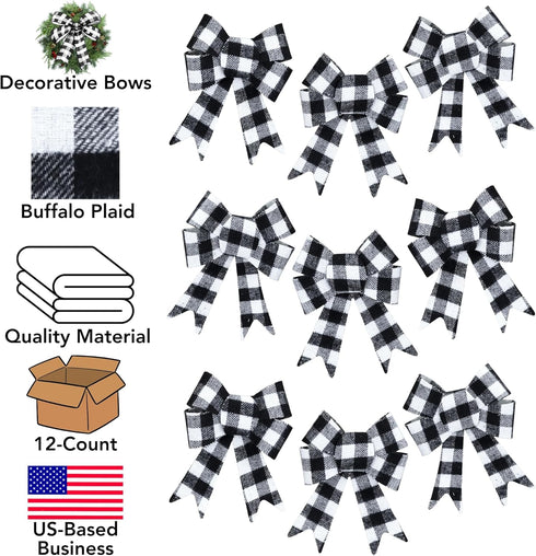 Iconikal Black Gingham Decorative Bows, 5 x 7 inches (White Buffalo Plaid) 12-Pack...