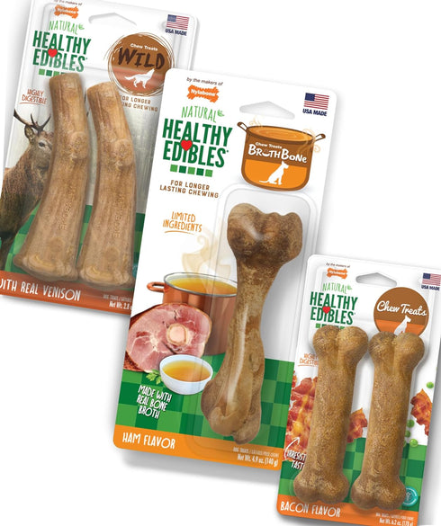 Nylabone Healthy Edibles Natural Dog Chews Long Lasting Ham, Bacon, & Venison Flavor Treats for Dogs, Medium (5 Count)...