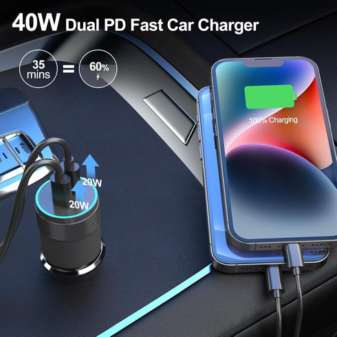 ?MFI Certified? 40W USB C Car Charger, Dual PD Cigarette Lighter Adapter, 2 Port Type C Fast Charging Car Plug with 2 Pack 3.3FT Lightning Cable f...