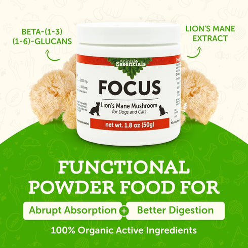 Animal Essentials FOCUS Lions Mane Mushroom Supplement for Dogs & Cats - Supports Brain Health, Cognitive Function, Healthy Immune Response, Mushr...