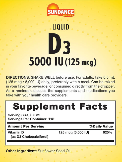 Vitamin D3 5000 IU (125mcg) | 2 Fluid Ounces | Essential Vitamin Liquid Drops | Vegetarian, Non-GMO, and Gluten Free Supplement | by Sundance...
