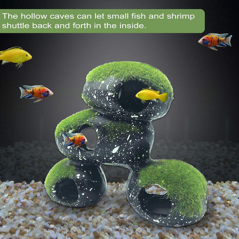 PINVNBY Stone Aquarium Hideaway Decoration Resin Cichlids Rock Decor with Artificial Moss Betta Cave Hideout Shelter Tunnel Fish Tank Ornament for...