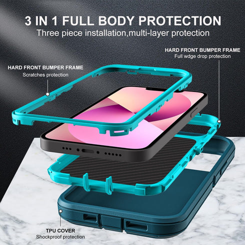 for iphone 13 Mini Case, Military Grade 3 in 1 Heavy Duty Shockproof/Drop Proof/Dust Proof Case with 2Pcs Tempered Glass Screen Protector (Blue/Tu...