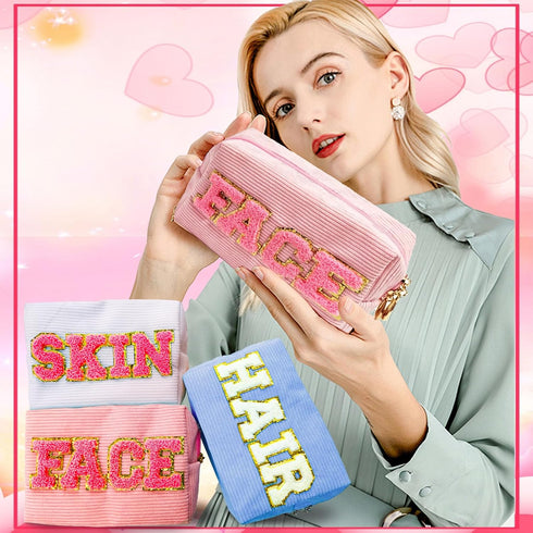 3 Pcs Chenille Letters Preppy Makeup Bag Bulk Set Corduroy Hair Face Skin Cosmetic Pouch Cute Toiletry Travel Organized Bag with Zipper for Women ...