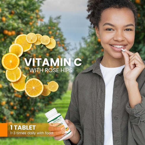 Halal Vitamin C 500mg Tablets with Rose Hips Supports Immune System, Natural Antioxidant with Citrus Bioflavonoids - Vegan - Gluten-Free - 2 Month...