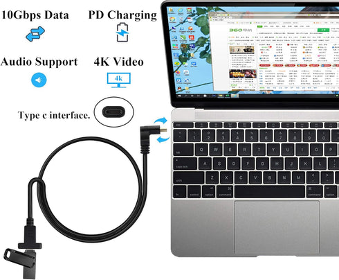 90 Degree USB 3.1 Type C Panel Mount Cable Gen 2 Up&Down Angle Type C 3.1 Female Panel Mount to Male Cable,Supports Charging,Data,Audio,Video Cabl...