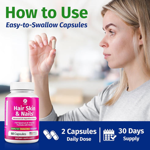 1 Body Hair Skin and Nails Vitamins with Biotin – 26 Vitamins, Minerals and Herbal Extracts – Hair, Skin and Nail Growth Supplement for Women and ...