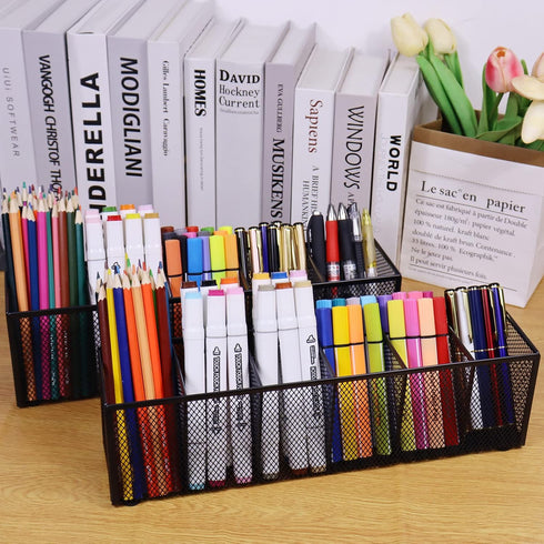 Black Mesh Pen Pencil Holder, Small Metal Desk Organizer Desktop Stationery Office Supplies Acessories Storage Stand, 6 Compartments Brushes Holde...