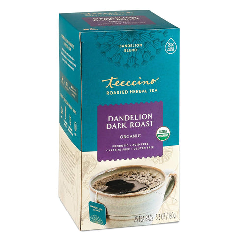 Teeccino Dandelion Herbal Tea - Dark Roast - 25 Tea Bags - Caffeine Free, Prebiotic, Gluten Free, 3x More Herbs...