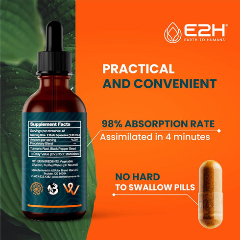 E2H Liquid Turmeric Curcumin for Better Absortion - Natural Joint Support - Turmeric Root Extract with Black Pepper Seed - Boost Your Health - Veg...