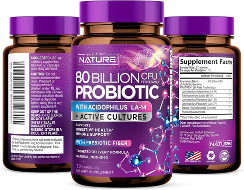 80 Billion CFU Probiotic - Daily Digestive Gut Health Supplement for Men & Women - Lactobacillus acidophilus, Bifidobacterium & Prebiotics - Non-G...