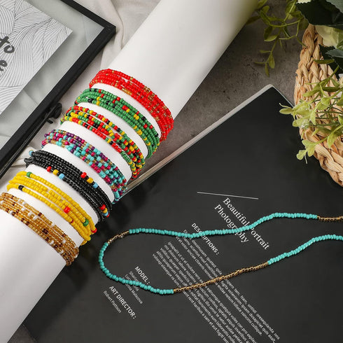 8 Pcs Beaded Anklets for Women Handmade Multicolor Layered Ankle Seed African Beaded Anklets for Women Elastic Boho Ankle Bracelets Glass Bead Str...