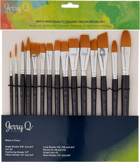 Jerry Q Art 15 pcs Golden Taklon Brush Set for Acrylic, Tempera, Watercolor, Oil Painting, Silver Ferrule with Violet Short Wooden Handles JQ151...