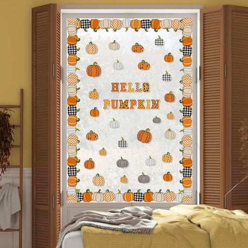 Whaline 92Pcs Hello Pumpkin Bulletin Board Kit Plaid Leopard Fall Pumpkin Decoration Border Cutout with Glue Points for Fall Harvest Thanksgiving ...