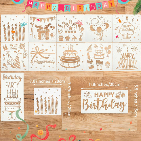 Xuniea 12 Piece Birthday Stencils - Happy Birthday Templates & Cake Candle Pattern for Drawing, Card Making & DIY Decor...