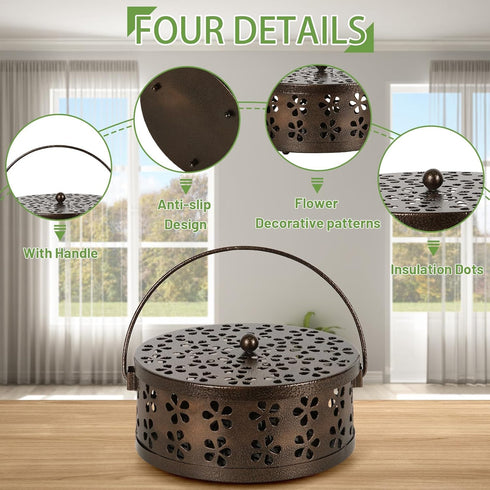 Portable Iron Mosquito Coil Holder with Handle Round Heat-Resistant Incense Holder (Bronze)...