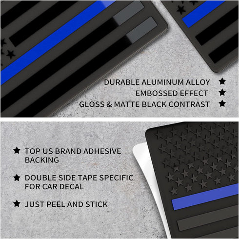 Embossed 3D Metal Thin Blue Line All Black American Flag Emblem Decal Stickers (1 Pair), Matte Black 5" x 3" Patriotic USA US Flag Decals for Car,...