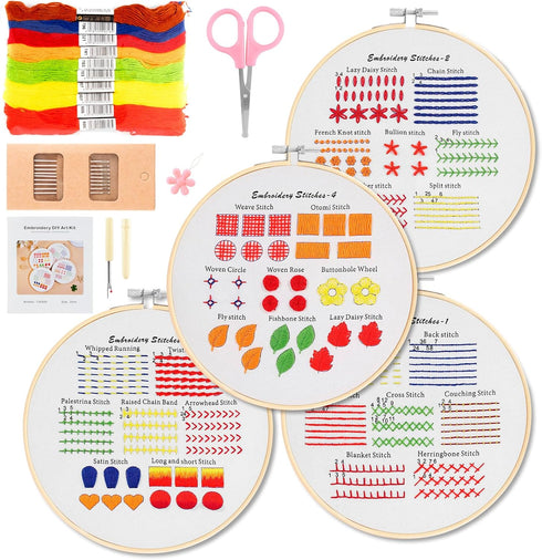 4 Sets Embroidery Kit for Beginners Adults & Kids to Learn 29 Basic Embroidery Stitch Practice Kit,Embroidery Starter Kit for Beginners with Embro...