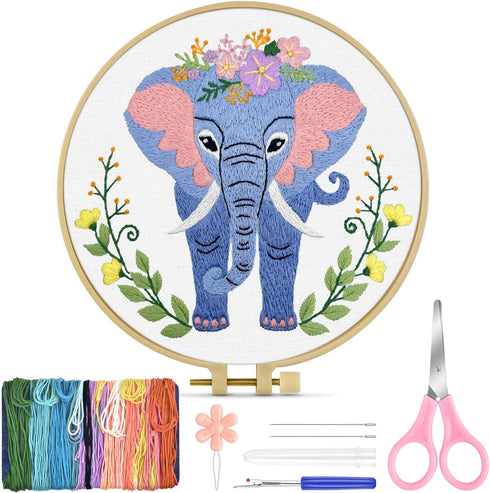 TINDTOP Embroidery Kit for Beginners Adult, Elephant Embroidery Kit for Beginners Include Embroidery Cloth Hoops Threads for Craft Lover Hand Stit...