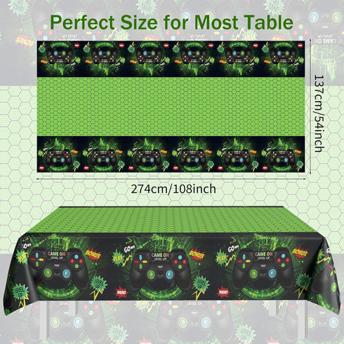 FunHot Video Game Table Covers, Video Game Birthday Decorations, 2 Pcs 54 x 108 Inch Green Waterproof Rectangle Game Tablecloths for Gamers Boys B...