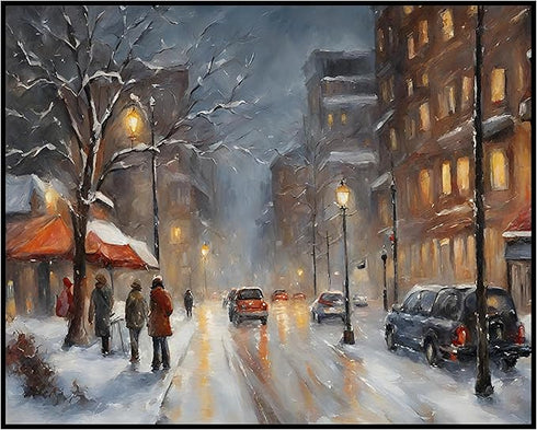 Posterizer 1 pcs-snowy winter city scene in oil painting style-1-Landscape & Nature Art-GIft for Men Women Teens-Living Room Bedroom Decor- unfram...