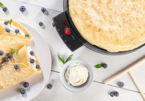 12" Griddle & Crepe Maker, Non-Stick Electric Crepe Pan w Batter Spreader & Recipe Guide- Dual Use Hot Plate for Blintzes, Eggs, Pancakes- Portabl...