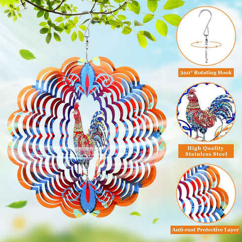 Rooster Metal Wind Spinners, Hanging Wind Spinners Outdoor,Stainless Steel Waterproof Wind Spinner, 12 Inch 3D Garden Art Decoration for Christmas...