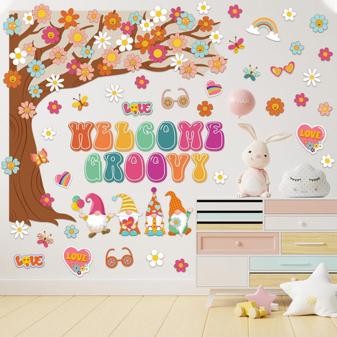 Zonon Retro Welcome Classroom Decorations Boho Groovy Welcome Tree Bulletin Board Set Welcome Hippie Daisy Cutouts for Teachers Kids Preschool Ele...
