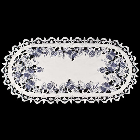 Embroidered Delft Blue Onion Flower Table Runner, Dresser Scarf Doily (14Wx27L)...