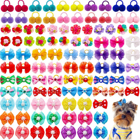 100pcs Dog Hair Bows, Bulk Cute Puppy Pet Small Dog Hair Bows with Rubber Bands, Mix Handmade Flower Puff Ball Rhinestone Pearls Dog Bows, Yorkie ...
