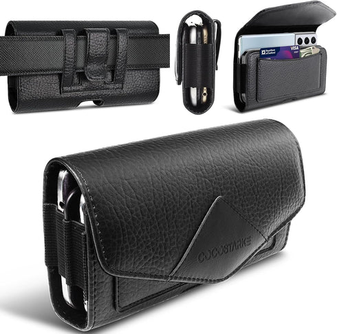 Leather Dual Phone Holster with Belt Loop for 2 Phones Horizontal Two Phone Belt Holder for Men Carrying Phone Pouches Black for iPhone 14, 13?12?...