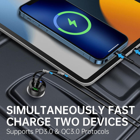 Tomorotec 65W Total, 5-Port USB C Car Charger Adapter Fit for iPhone, Samsung Galaxy, iPad, MacBook, Dash Cam - Multi-Port USB A/C with PD 30W QC ...