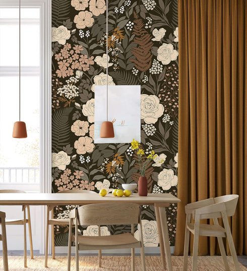 HAOKHOME 93276 Peel and Stick Wallpaper Floral Vintage Removable Rose Leaf Black/Brown/Beige Stick on Mural 17.7in x 6.6ft...