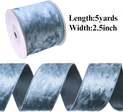 Dusty Blue Velvet Ribbon Velvet Wired Ribbon 2.5Inch Wide 5Yards Velvet Fabric Ribbon Trim Single Face Spool Satin Velvet Ribbons for Gift Wrappin...