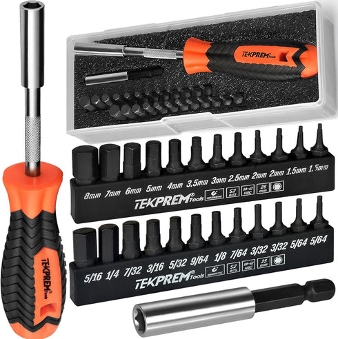 TEKPREM 24-Piece Metric & SAE Hex Bit Set with Magnetic 1/4" Screwdriver Bit Driver, Allen Wrench Drill Bits, Rubber Strip, and Storage Box...