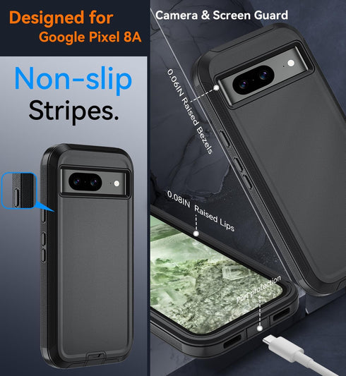 for Google Pixel 8A Case, with Belt Clip,Tempered Glass Screen Protector, Heavy Duty Shockproof Drop Protective Rugged Tough Durable Phone Cover (...