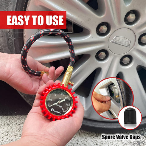 Tire Pressure Gauge 0-60 PSI Long Hose - Heavy Duty Tire Gauge High Accurate with Large 2 Inch Easy to Read Glow Dial, Low – High Tire Gauge for C...