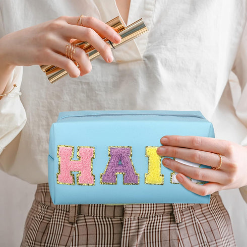 4 Pcs Large Chenille Letter Patch Makeup Bag Skin Stuff Hair Face Bag Preppy Patch Makeup Cosmetic Bag Toiletry Zipper for Women Teen Girl(Letters...
