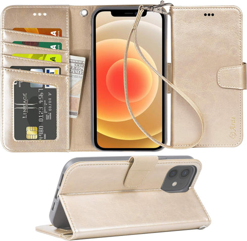 Arae Compatible with iPhone 12 Case and iPhone 12 Pro Case Wallet Flip Cover with Card Holder and Wrist Strap - Champagne Gold...