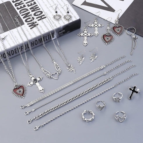 JOERICA 18PCS Punk Goth Grunge Jewelry Set Vintage Knuckle Rings, Gothic Dangle Grunge Earrings, Goth Necklace, Punk Chain Silver Bracelet, Emo Go...