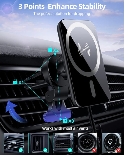 Upgraded for MagSafe Car Mount Charger, Magnetic Wireless Car Charger, Air Vent Magnetic Car Phone Mount Charger for MagSafe iPhone 14 13 12 Serie...