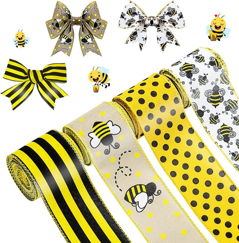 Bee Ribbon Wired Edge Ribbon Bumble Bee Polka Dot Yellow Wreath Ribbon 4 Rolls 26 Yards Honey Bee Ribbon for Bow Wrapping Making Crafts Easter Dec...