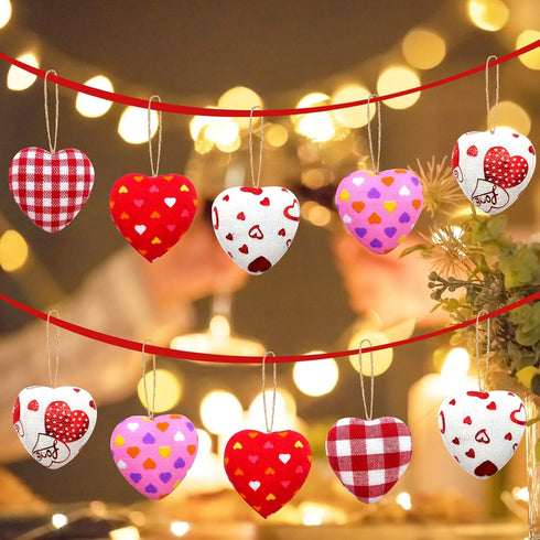 EBaokuup 30 Pcs Valentines Fabric Heart Ornament for Hanging-6 Styles Red Pink Buffalo Plaid Check-Heart-Shaped Hanging Decoration for Valentine's...
