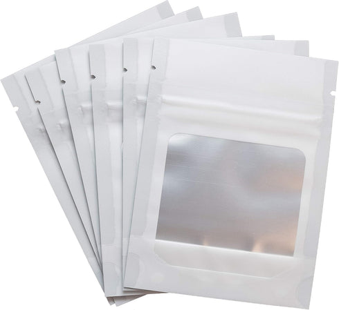 HANSER | Smell Proof Odorless Mylar Resealable Foil Pouch Bags with clear Window | Stand up bottom | Airtight | matte white | 100 Pieces | 3x4 inc...