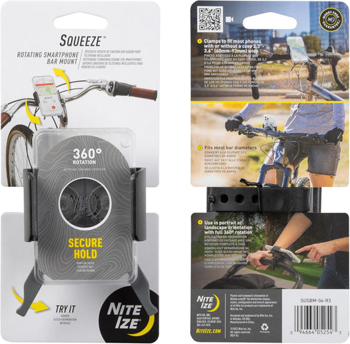 Nite Ize Squeeze Rotating Smartphone Bar Mount - Universal Phone Mount for Bike Handlebar - Phone Holder with Universal Mounting Strap - Transluce...
