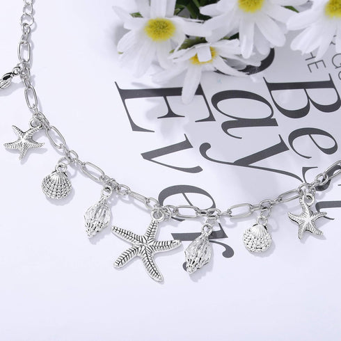 Boho Starfish Anklet Chain Silver Shell Ankle Bracelet Beach Adjustable Foot Accessory Jewelry for Women...