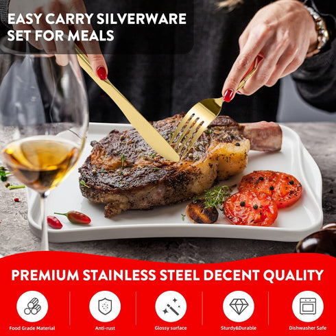 Gold Travel Utensils, Stainless Steel Knives Forks and Spoons Silverware Set, Portable Camping Utensils Set, Set of 7 Gold Utensils Set for School...