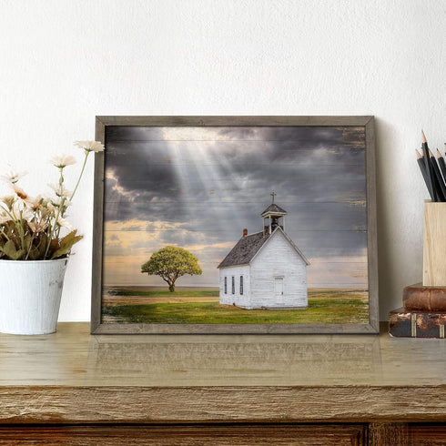 Beautiful Scene Wooden Art Framed: Little House under the Sun Wood Artwork Painting with Framed for Office (12'' x 16'' x 1 Panel)...