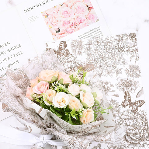 Bolsome 100 Sheets 20 * 14 Inches Vintage Floral Printed Tissue Paper Coffee Gold Peony Butterfly Printed Gift Wrapping Tissue Paper Peonies, Hydr...