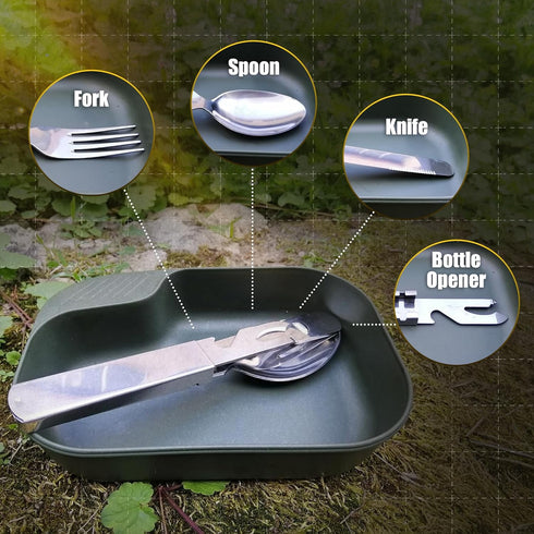 M-Tac 4 in 1 Camping Military Flatware Set - Stainless Steel Travel Cutlery Tools - Portable Folding Spoon Knife Fork Bottle Can Opener...